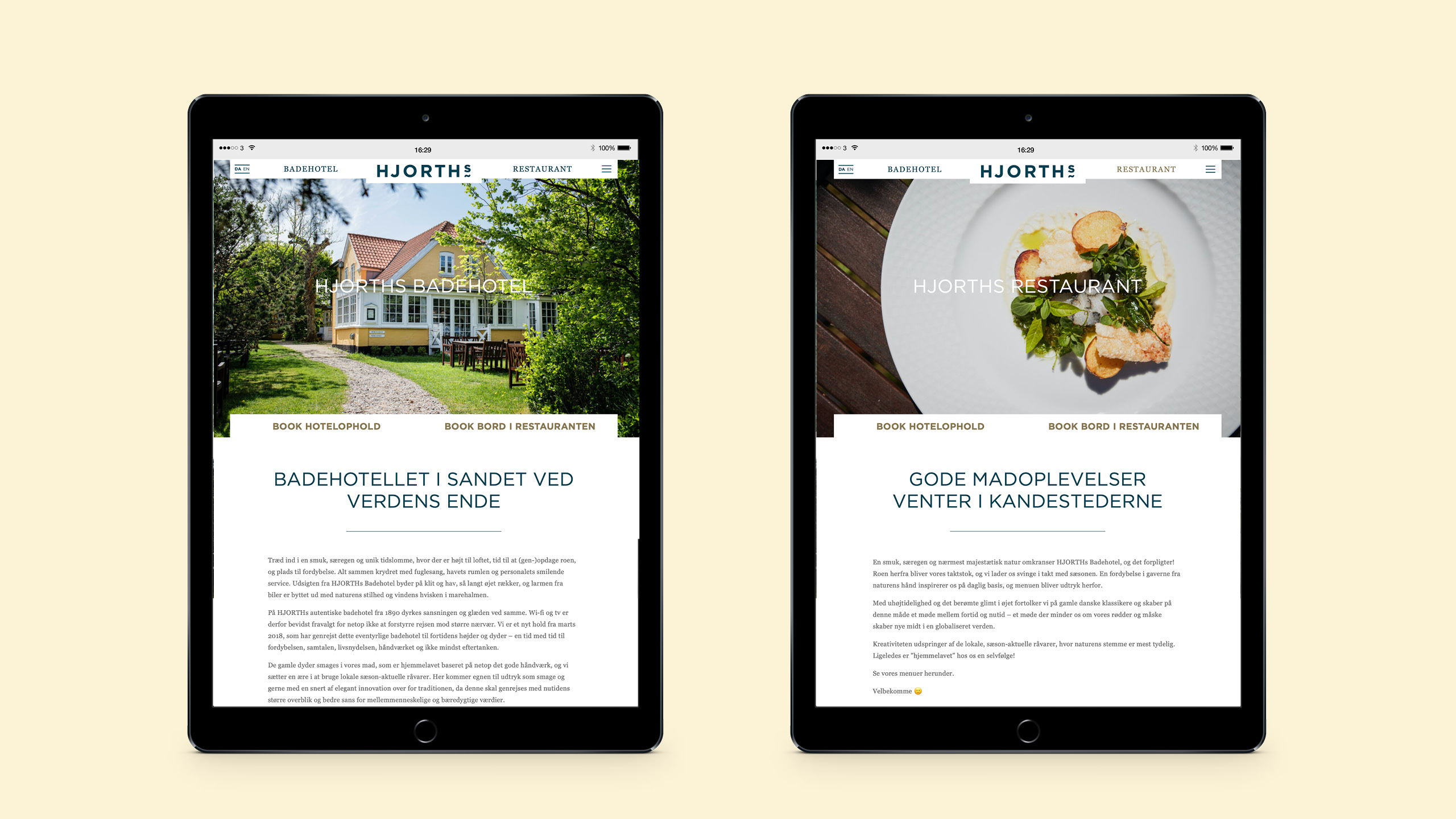 Respontivt webdesign på tablet for HJORTHs Badehotel